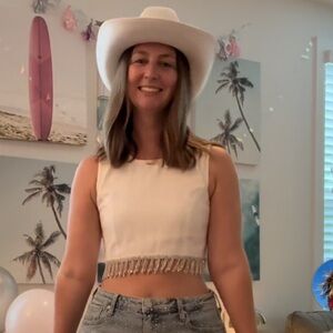 Altar'd State White Lightweight Denim Sleeveless Embellished Crop Top